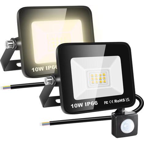 2x 10W projecteur d'extérieur led avec detecteur de mouvement, PIR  sans prise, 1000lm, 3000K blanche chaud, étanche IP66, éclairage de sécurité extérieur, pour patio garage terrasse jardin (1/5)