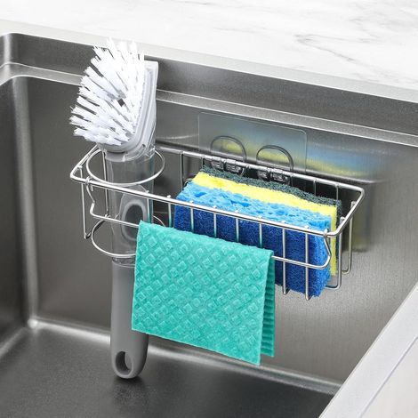 Porte-éponge 3 en 1 pour évier de cuisine, organisateur suspendu pour évier - éponge, torchon, brosse, grattoir, porte-savon, acier inoxydable 304 (1/5)