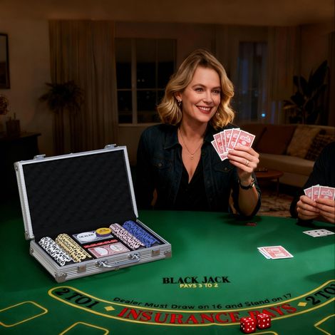 Coffret jetons poker argenté avec dés, bouton donneur, 2 jeux cartes