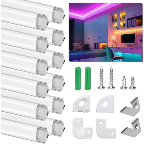 Profilé Aluminium LED, 12 x 1Mètre V Shape Profilés en Aluminium, Canaux et Diffuseurs LED avec Couvercle PC - Accessoires Complets, Compact Finition pour Ruban LED (Argent-V) (1/5)