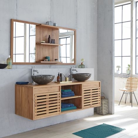 Berah Getah – Meuble de salle de bain en teck massif 160 cm – 2 portes battantes – 2 niches de rangement – Traitement anti humidité (1/4)