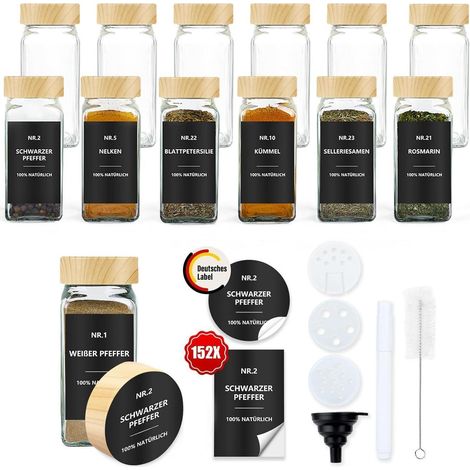 Gewürzgläser eckig Glas 120ml Gewürzstreuer Holzmaserung 12er set (1/5)