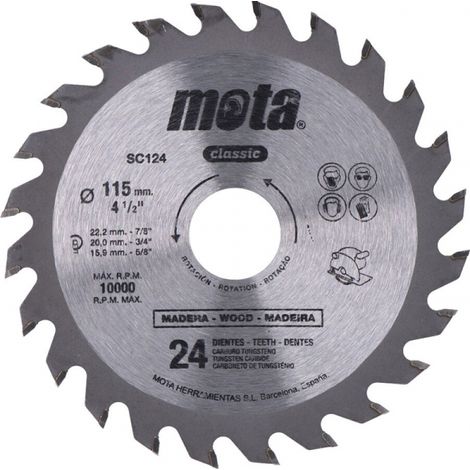 Wolfram-Sägeblatt zum Schneiden von Holz für radial 115 mm 24. sc124 mota (1/2)