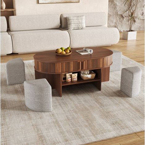 Tavolino ovale 120x60 cm con vano contenitore, 2 ante scorrevoli, sgabelli coordinati, MDF e PB, noce (1/5)
