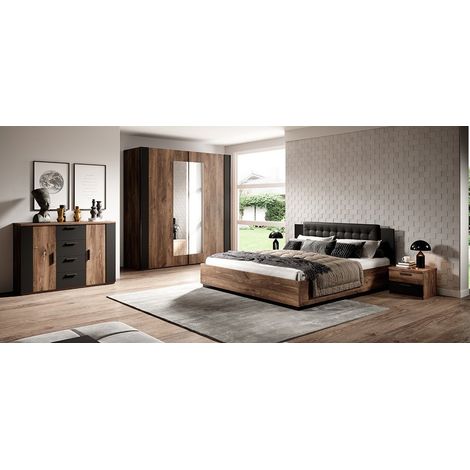 Komplettes Schlafzimmer FOX – Schrank 200 cm, Bett 160x200 mit Lattenrost, Kommode, Nachttische – Dunkle Eiche