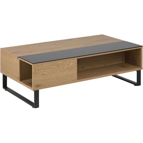 Allan Couchtisch mit Hebe/Senkefunktion und Aufbewahrung in Eiche Furnier und schwarzen Glas. (1/2)