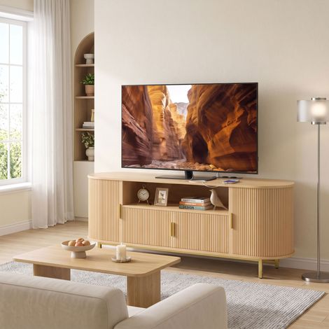 Meuble TV 140 cm avec 2 Prises et 2 Ports, Meuble Télé pour 84 Pouces, 2 Portes Battantes, 2 Portes Coulissantes, Chêne (1/5)