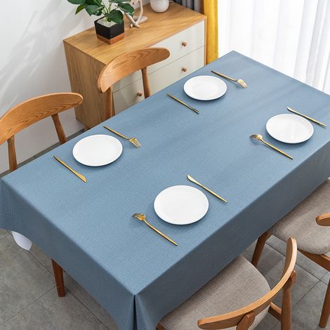 Nappe bleue, 140 x 220 cm — Imperméable et antitache — Tissu PVC lavable — Rectangulaire, élégante et résistante — Convient aux tables à manger (1/5)