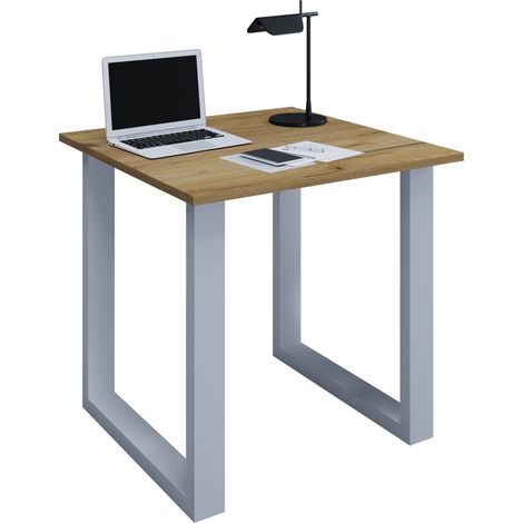 VCM Wood Desk  AL. 76 x AN. 80 x P. 80 cm  Mesa de ordenador lisa  Pies de metal de alta calidad  Mesa de trabajo  Muebles de oficina - Lona U (Plata / Roble de miel)