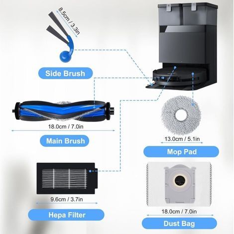 Lot de 18 accessoires pour Ecovacs Deebot T30C Omni Gen2 / T30C Omni robot aspirateur, 1 brosse à rouleau, 4 filtres HEPA, 4 Chiffons de Nettoyage, 4 Sacs à Poussière, 4 Brosses Latérales (1/3)