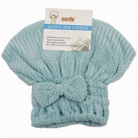 TRADE SHOP - Cuffia Asciuga Capelli Asciugamano Doccia Morbido Assorbente Fiocco Azzurro 79628 -