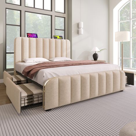 Bett 160x200 cm gepolstert modern in Beige Leinen mit Kopfteil, USB/Type-C, 4 Schubladen, Lattenrost (1/5)