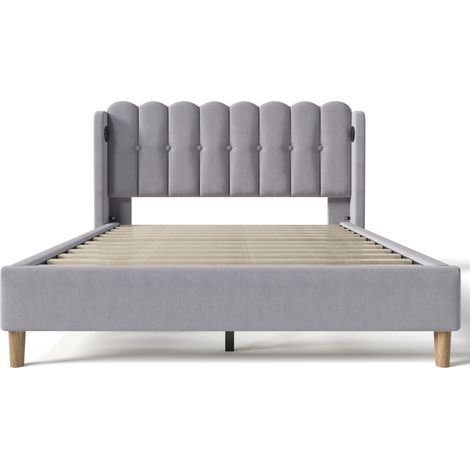 Lit double capitonné avec fonction de charge USB Type C, cadre de lit avec sommier à lattes, lit rembourré gris, 140 x 200 cm, pour chambre à coucher et chambre d'amis, en lin (1/5)