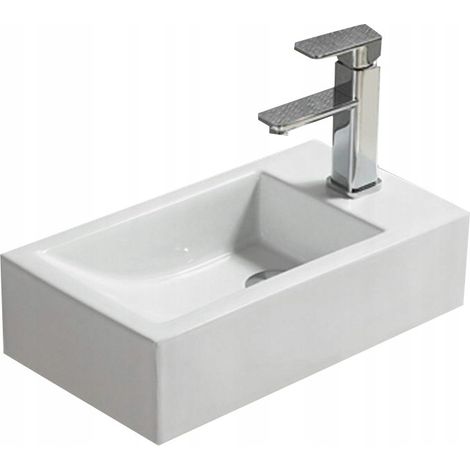 Vasque suspendue Silla, lavabo salle de bain en céramique 45x25x12 cm, design moderne, installation murale facile, Blanc