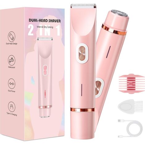 Rasierer Damen,2-in-1 Doppelkopf Intimrasierer für Frauen mit USB-C-Laden, Damenrasierer Elektrisch für Gesicht, Beine und Arme, Bikini trimmer mit Wasserdichter Trimmerkopf, Leicht zu Reinigen