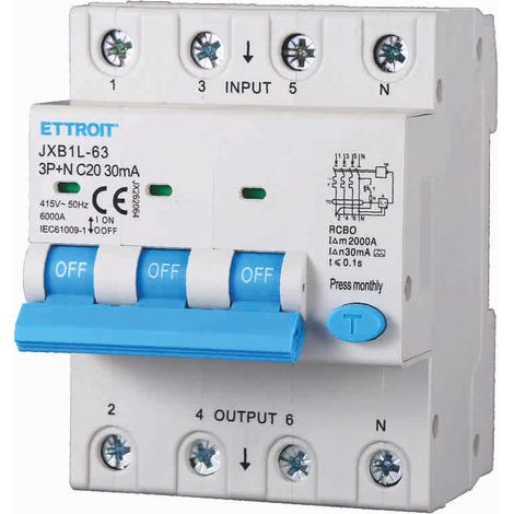 ETTROIT JX262064 Differenzialschutzschalter 3P+N 20A 30mA 380V-6KA KLASSE A