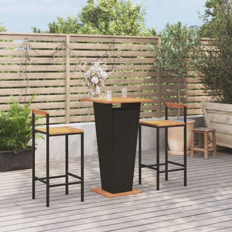 3-tlg. Gartenbar-Set Schwarz Poly Rattan & Massivholz Akazie (1/5)