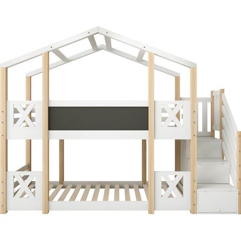 Cama alta infantil 90 x 200 cm con escalera, almacenaje y seguridad, blanco natural (1/5)