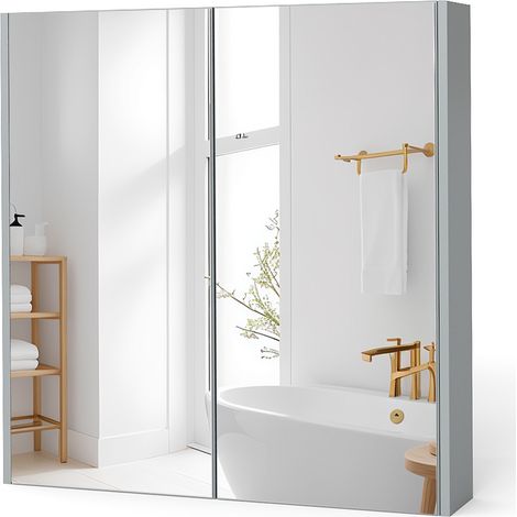 COSTWAY Wall Mounted Storage Cupboard Bathroom Mirror Cabinet with Shelf-Grey (1/5)