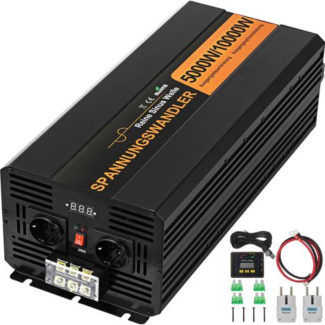 Mophorn Inversor de corriente de onda sinusoidal pura  de 5000 W, 24 V CC a 230 V CA, 50 Hz, potencia máxima de 10000 W, para electrodomésticos y sistemas solares (1/5)