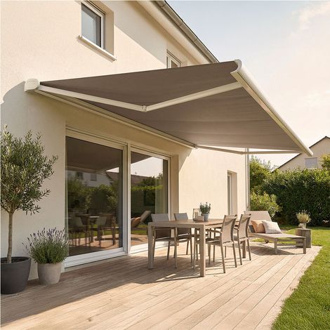 Store banne coffre intégral HEVOA (Motorisation à télécommande + Manœuvre de secours - Blanc RAL 9010 - Taupe 250g/m² - 3.00 x 2.00 m)