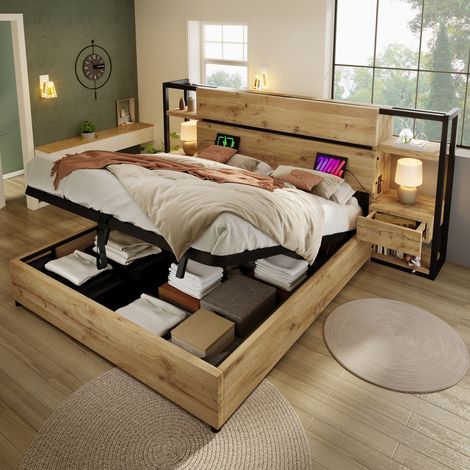 Lit coffre 160x200 avec rangement hydraulique, tête de lit avec tiroirs et station de charge USB/Type-C, style industriel bois chêne (1/5)