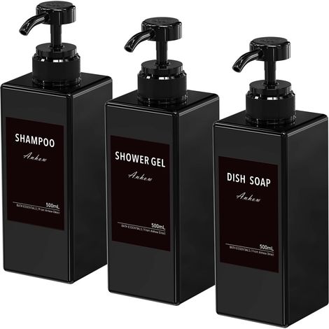 3 Pièces 500ml Distributeur Savon, Flacon Pompe Vide Distributeur Gel Douche Rechargeable avec Étiquettes pour Douche et Salle de Bain - Noir (1/5)