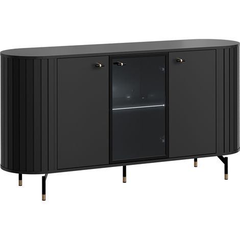 Aparador Novmono 102, Negro, 81x151cm, Número de puertas: 040cm, Vidrio templado, MDF, Aglomerado laminado, LED