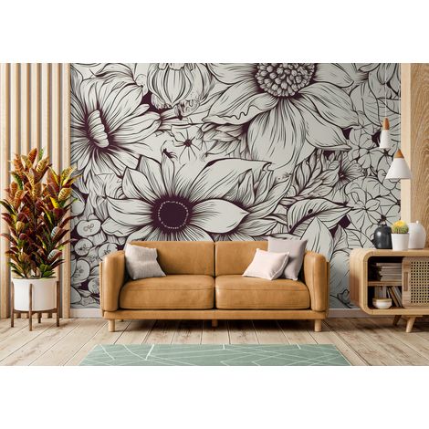 Papier Peint Noir et Blanc - Fleurs en Illustration Fine - 150 x 250 cm (1/2)