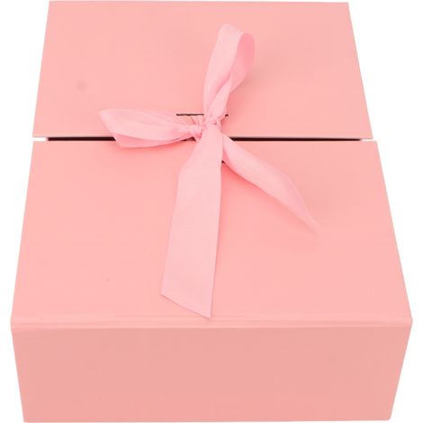 Boîte cadeau à double porte avec nœud décoratif, réutilisable, 26 x 19 x 8 cm, en papier rose. (1/5)