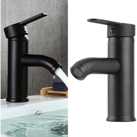 Grifo de lavabo fabricado en acero inoxidable negro, de diseño bajo, con conexión para agua fría y caliente. (1/5)