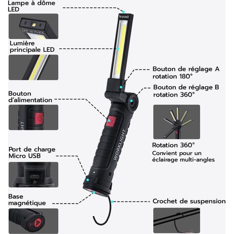 Arbeitsleuchte, wiederaufladbare, ultrahelle COB-LED-Arbeitsleuchte mit Magnetfuß, 5 Modi, für Garage, Camping, Notfälle usw. – 2 Stück – Groß (1/5)