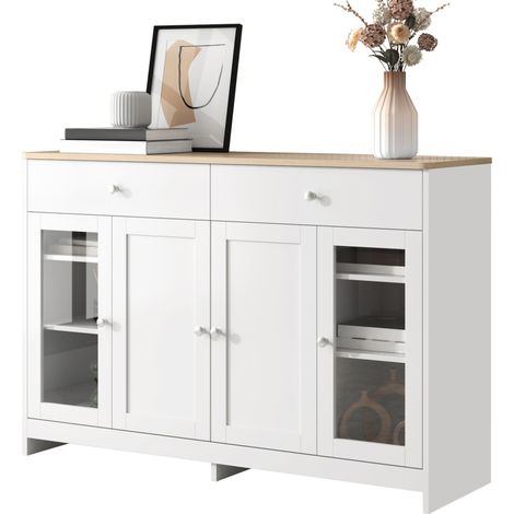 Buffet de rangement blanc et bois 120 cm avec 2 tiroirs, 4 portes et étagères réglables, style maison de campagne pour cuisine et salon - CHICFURN (1/5)