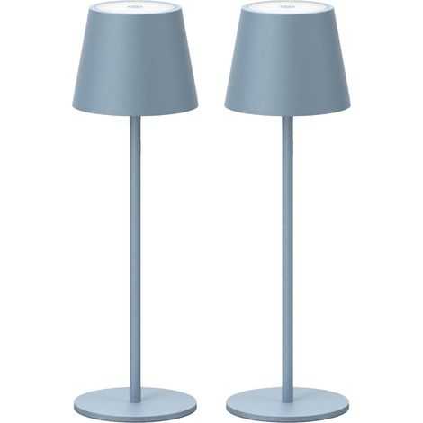 Lot de 2 LED Dimmable Lampe de Bureau à batterie, Bleu Lampe de Table Rechargeable avec Chargement USB-C pour Intérieur/Extérieur, Lumière Chaude Couleur 3000K, Aluminium, IP54