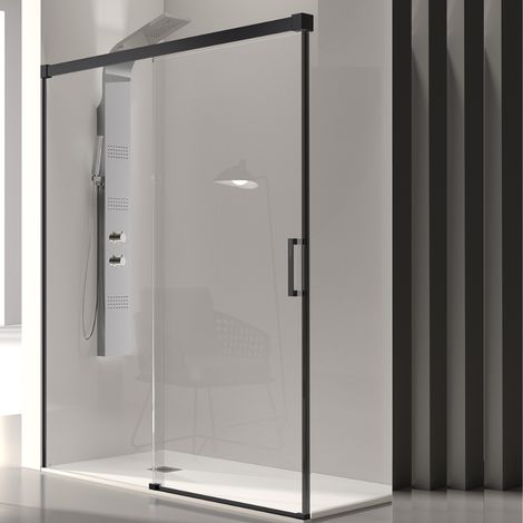 KASSANDRA GLASÉ Mampara Frente Ducha Fijo + Puerta Corredera 6 mm Negro Mate Transparente - Medida: 164-168 cm - ref: GS1020516S195112