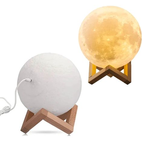 Lampe de nuit lune rechargeable USB, double éclairage couleur, boule lumineuse avec support en bois, 8 cm, idéale pour la chambre à coucher. (1/5)