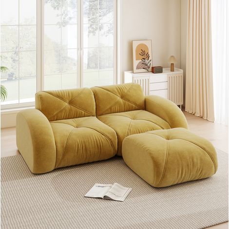 Divano modulare moderno 2 posti con pouf in chenille gialla, schiuma ad alta densità 32D (1/5)