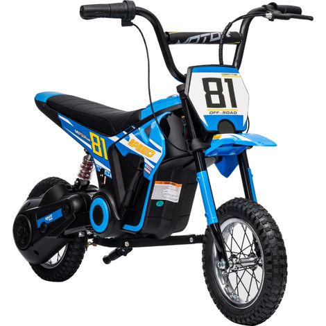 Moto bleue pour enfant avec batterie 24V, 250W, 6 à 16 km/h et roues 12 pouces pour 8 à 12 ans, design sportif pour extérieur pratique et rapide