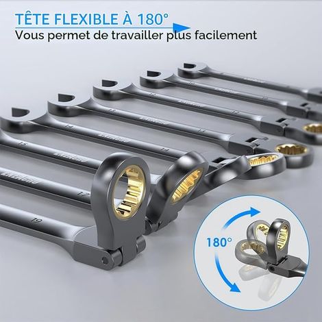 Jeu de clé plate à cliquet, Jeu de clés à tête flexible antidérapante, métrique 8-19mm, 72 dents, acier chrome vanadium, avec Sac de Rangement