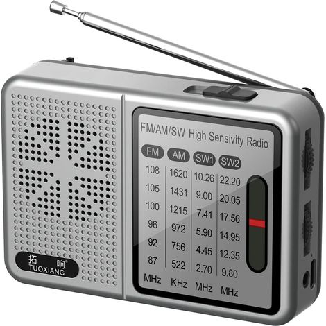 Radio de poche AM/FM/SW (grise) - Rechargeable - Haut-parleur haute puissance intégré - Compatible avec la lecture au casque (prise jack 3,5 mm) (1/5)