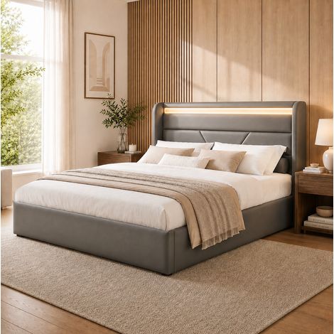 Letto contenitore imbottito 140x200 cm con testiera LED, rivestimento in PU grigio, rete a doghe sollevabile (1/5)