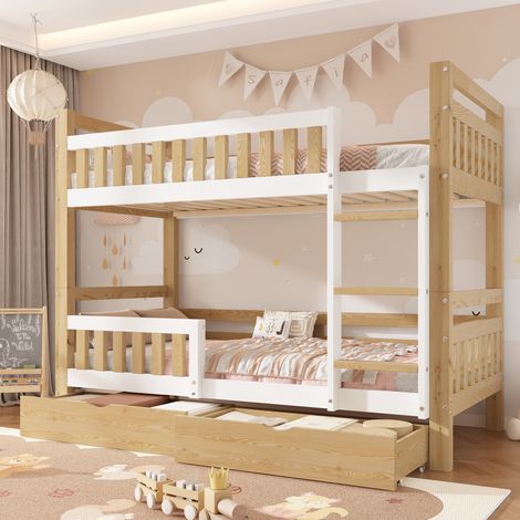 Lit superposé 90 x 200 cm convertible en 2 lits simples avec échelle, barrière haute et 2 tiroirs de rangement, bois, Blanc et Naturel (1/5)