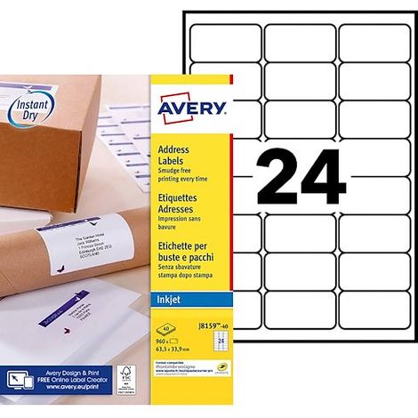 Etiquettes adresses jet d'encre 63,5 x 33,9 mm Avery J8159-40 - Pochette de 960 (1/4)