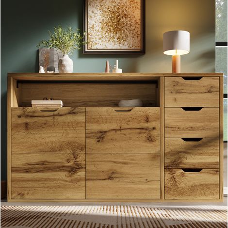 Buffet 150x40x90 cm effet chêne, 2 portes, 4 tiroirs, niche ouverte, MDF et métal MEUBLIV (1/5)