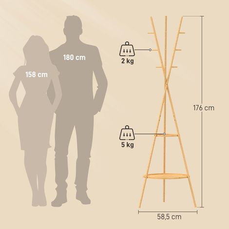 Porte-manteau en bois massif, 9 patères et 2 tablettes pour entrée, finition chêne naturel, meuble d'accueil sur pied (1/5)