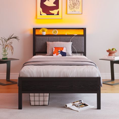 Lit 90x200 cm - Lit simple 90x200 - Cadre de lit en métal et bois avec tête de lit de rangement, USB et LED - Noir (1/5)