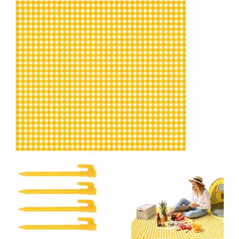 Tapis de Plage Anti Sable 180x180cm, Natte Imperméable avec Piquets de Sol, Couverture de Pique-Nique Jaune à Carreaux Portable pour Camping et Jardin (1/5)