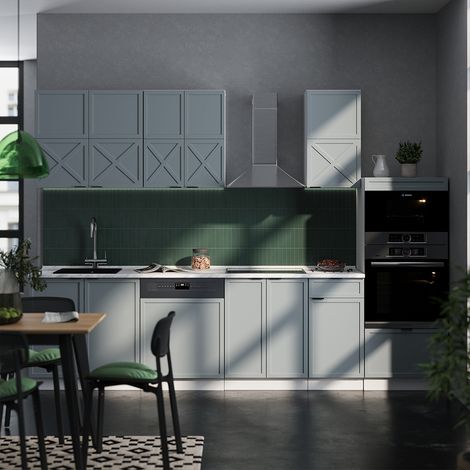 Cucina componibile Fame-Line, Blu-grigio chiaro/bianco, 300 cm con armadio alto, senza piano di lavoro, Vicco