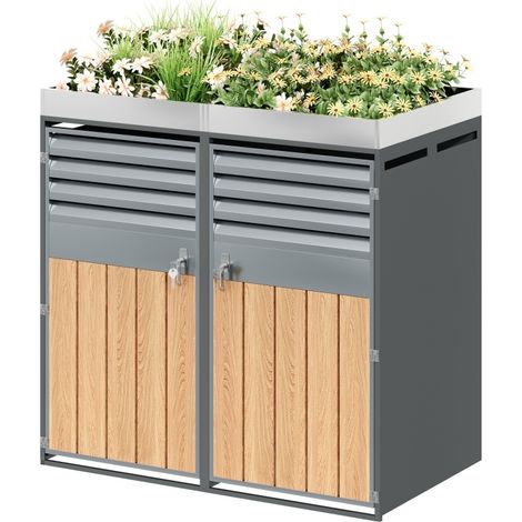 Cache-poubelle double avec jardinière, abri extérieur verrouillable en acier galvanisé