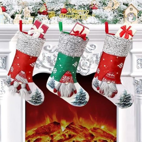 Chaussettes de Noël, Lot de 3 Grande 50cm Chaussettes de Noël a Suspendre Ensemble de 3 Père Noël, Décorations de Noël, Xmas Sac Cad (1/4)